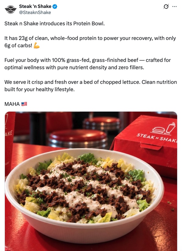 screenshot of Steak n Shake tweet using an AI generated image of a protein bowl